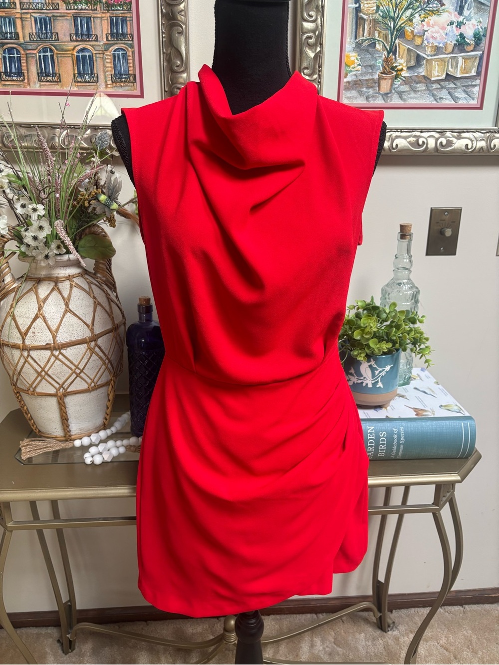 Zara Bright Red Sleeveless Draped Neck Faux Wrap Mini Dress Size M